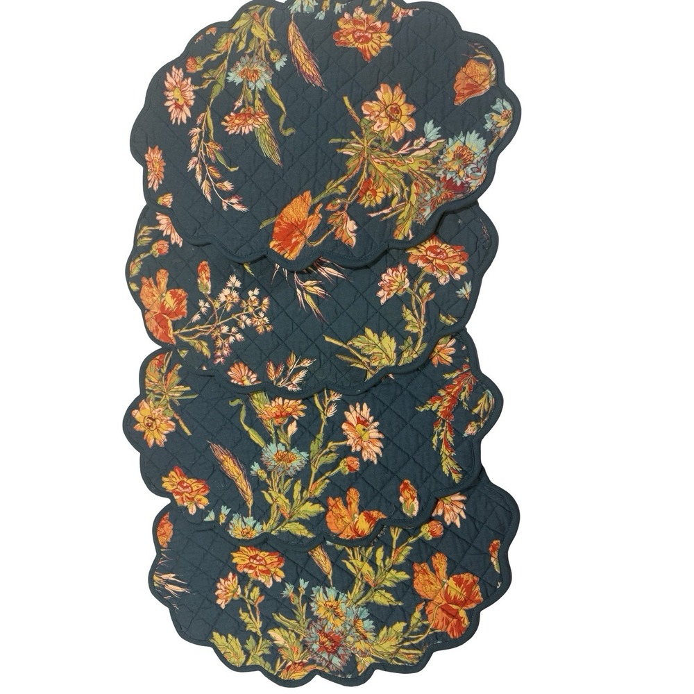 April Cornell Teal / Floral Oval Scalloped Quilted Reversible Placemats Set of 4